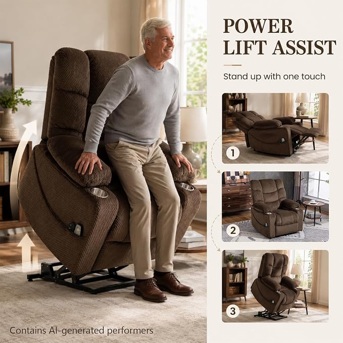 Ultra Wide Power Lift Recliner Chair for Elderly,Rotating Lounge Chair with Hot Massage Heating and Auxiliary Standing Function,Oversized Lazyboy Single Sofa with Cup Holder for Living Room (Brown)