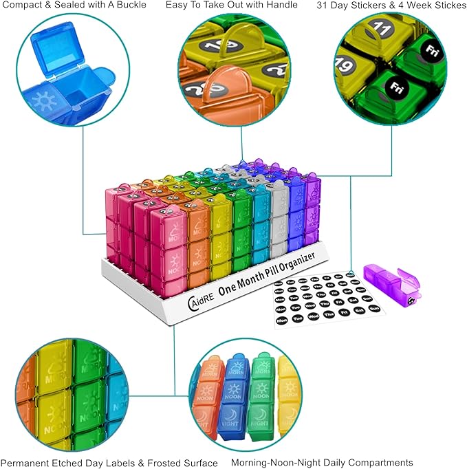 CAidRE Monthly Pill Organizer 31 Day 3 Times a Day – One Month Pill Box for Medications, Fish Oil, Vitamins & Supplements – 30 Day Daily Pill Case Organizer