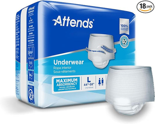 Attends Adult Absorbent Underwear, Large [18 Count] - Maximum Absorbency for Men and Women - Disposable Pull-On Diapers with Tear-Away Sides and Breathable Waistband - AP0730