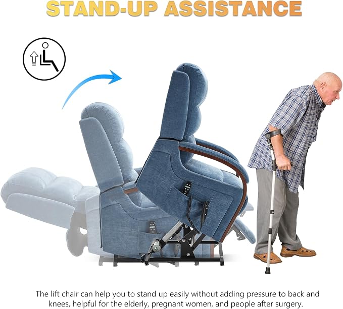 Trustyue Power Lift Recliner Chair, 180° Lay Flat Recliner, Lift Chair with Massage and Heat, Standing Assistance, Infinite Position Reclining, Living Room Chair for Elderly People (Blue1)