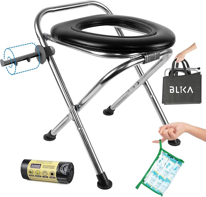 BLIKA Portable Toilet for Camping, 350LBS Stainless Steel Foldable Camp Travel Toilet with Soft Seat for Adults, 16.5-Inch Portable Toilet for Truckers, Camping, RV Travel, Road Trips, Outdoor Use