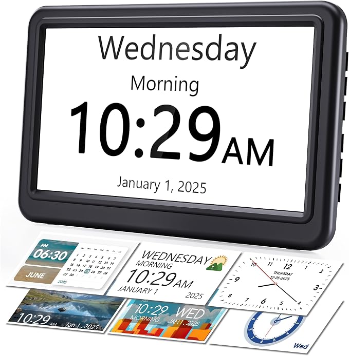 Dementia Clock for Seniors with Large Display & Daily Reminders | 12 Themes, 20 Custom Alarms, 18 Ringtones, Medication Reminders, Automatic Dimmer, Digital Calendar Display for Elderly Care