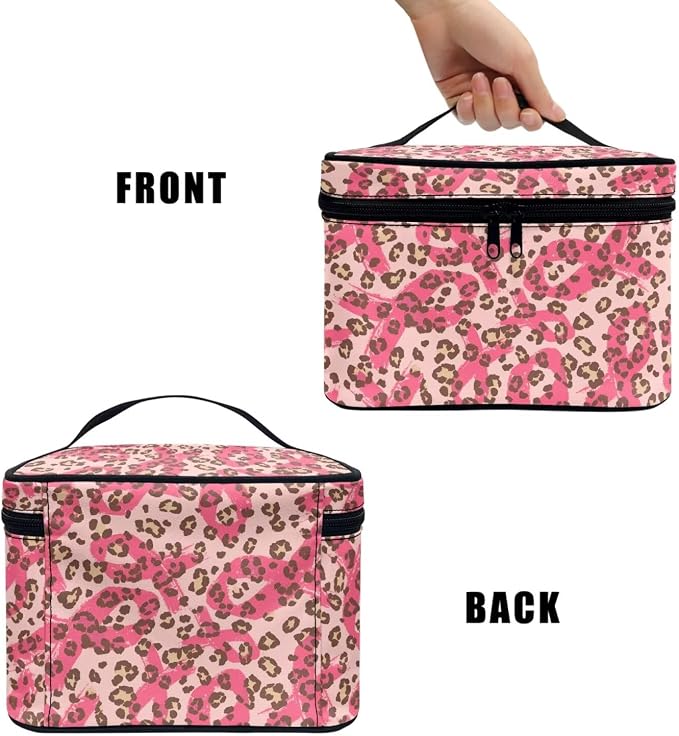 Breast Cancer Support Makeup Organizer Case, Pink Ribbon Toiletry Bag for Women, Leopard Print Travel Cosmetic Bag for Toiletries Essential