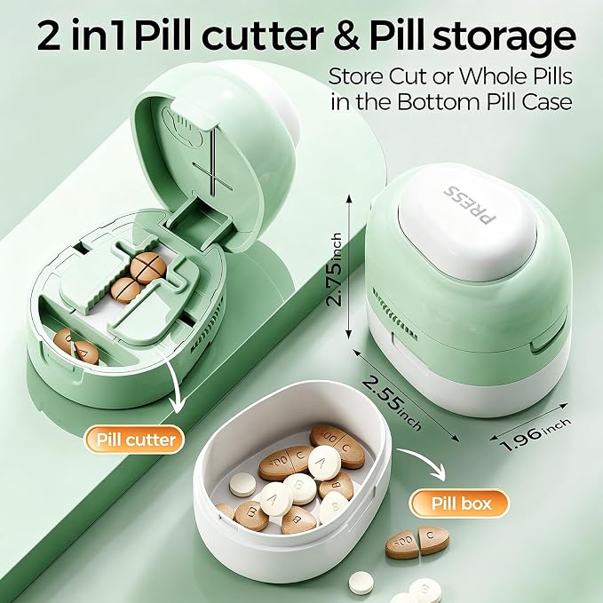 Adjustable Pill Cutter Splitter for Small and Tiny Pills, 1/2 1/4 Pill Splitter for Small Pills Vitamins Tablets, Accurate Alignment & Easy Cutting, Hidden Sharp Blade, Bottom Storage (Green)