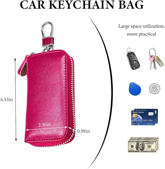 Leather Car Key Holder Bag, Unisex Key Fob Case with 6 Hooks, Zipper Closure Keychian Case Wallet for Smart Keys (Rose Red)