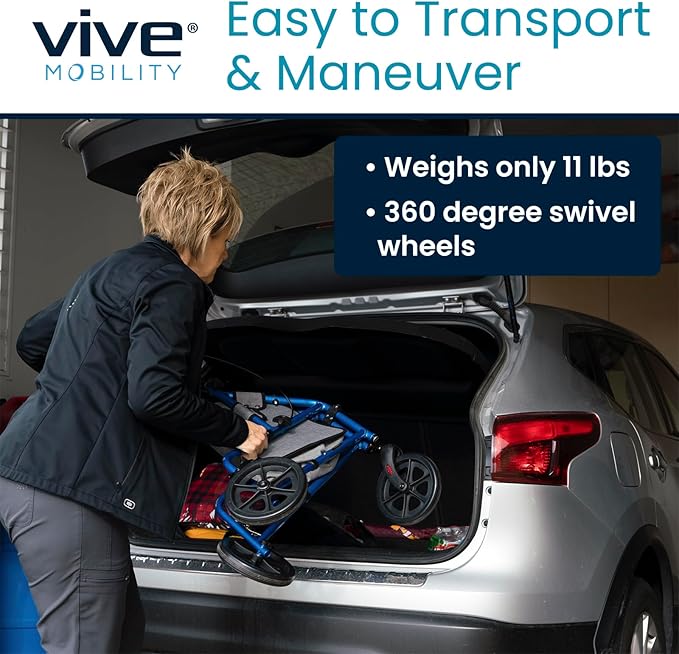 Vive Mobility 3 Wheel Walker - Three Wheeled Rollator for Seniors - Lightweight, Foldable, Narrow, Heavy Duty - for Elderly Men Women - Folding 3-Wheel Tri Scooter with Basket Bag