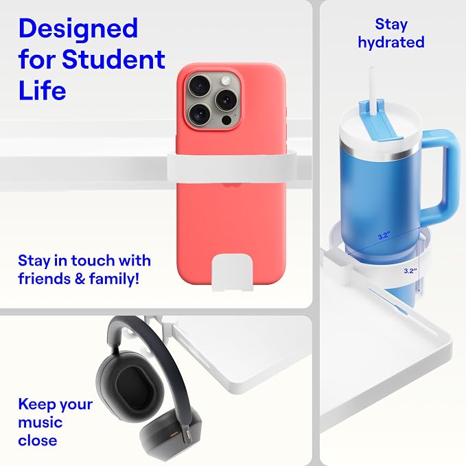 BedShelfie Bedside Shelf for Dorm Room - Dorm Essential, White | Bunk Bed & Top Bunk, College Dorm Room Essentials, Bedside Caddy, Clip on Floating Desk Tray, Bed Side Table, Loft Nightstand