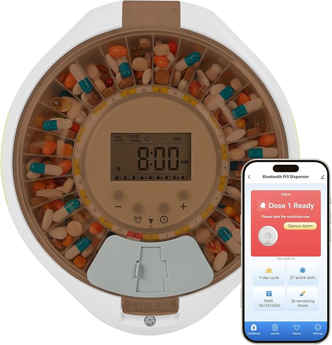 Locked Bluetooth Pill Dispenser for Caregivers App Track Adherence History | Top Lock & Ergonomic Flip Lid Friendly for Seniors, 28-Day Organizer with 9 Custom Alarms & Clear LCD, Sound-Light Reminders