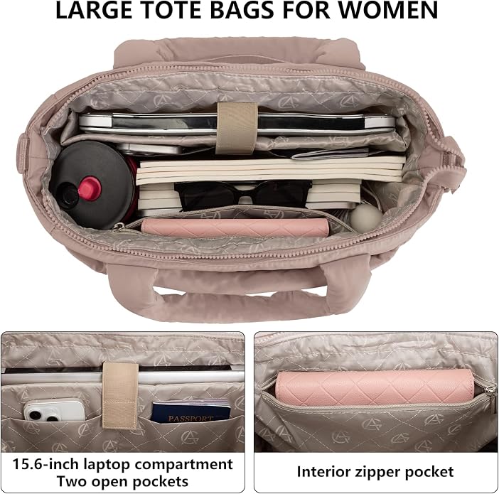 Puffer Tote Bag for Women Quilted Nurse Bag Lightweight Work Bag for Teacher Travel Handbag with Multiple Pockets