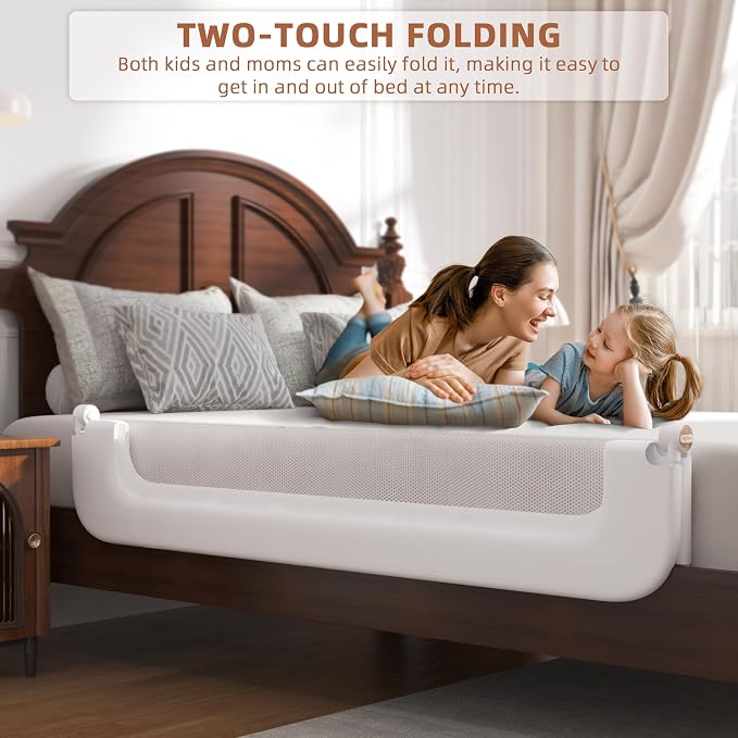 FigTime Bed Rail for Toddlers, Baby Bed Rail Guard for Kids, Toddler Bed Rails with Reinforced Anchor Fit, Height Adjustable & Foldable Bed Rail Guard for Twin, Full, Queen & King Beds (White, 59IN)