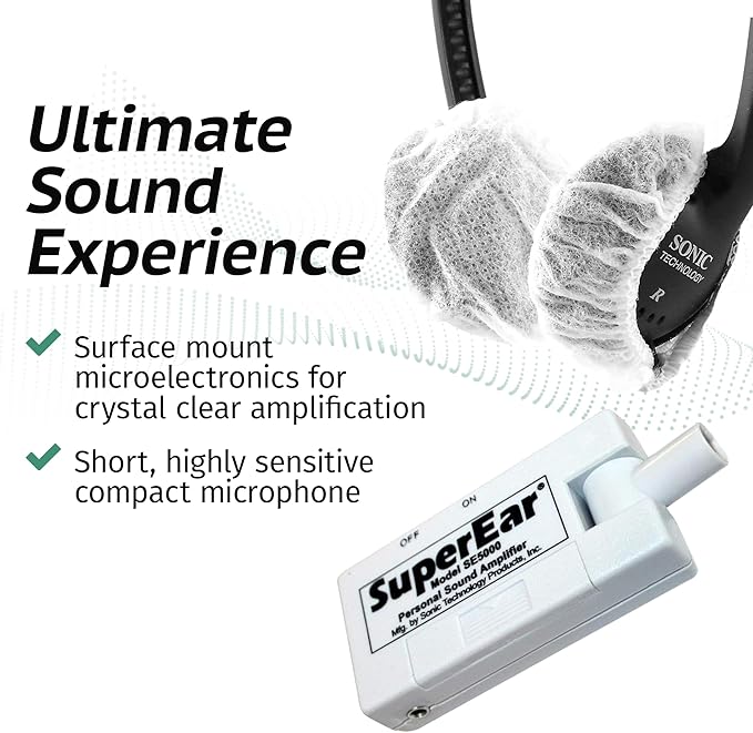 SuperEar Bundle: Personal Sound Amplifier Model SE5000 (PSAP) Pocket-Size Audio Amplifier with Headphones and Earbuds for Listening Assist & 50 Pair, 2.5" Disposable Sanitary Ear Covers for Hygiene