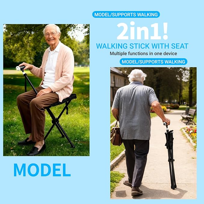 Cane with Seat Foldable Lightweight, Walking Cane with seat, Adjustable Walking Stick for Seniors & Elderly, with Padded Seat and Non-Slip Base for Outdoor Walking, Hiking, and Travel Assistance