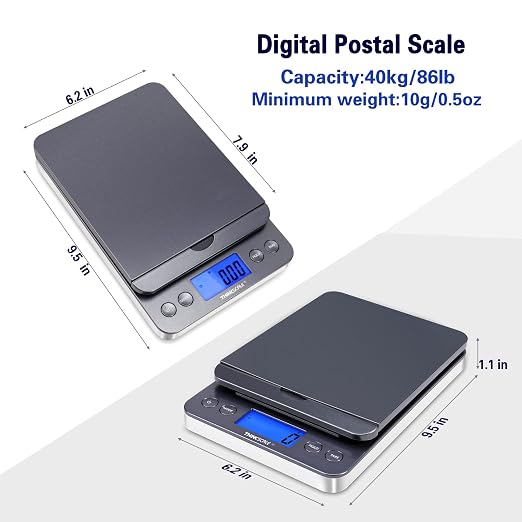 THINKSCALE 86lb Package Shipping Scale, 0.1oz Digital Postal Scale Flip-Up | Hold/Tare Function, LCD Display, Battery & AC Adapter Included, Desktop Scale for Mailing, Packages and Small Business