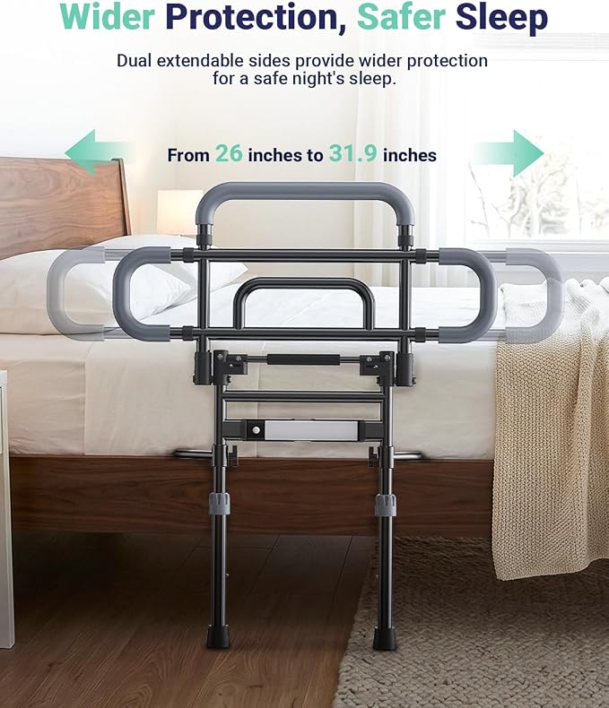 Bed Rails for Elderly Adults Safety, 180° Foldable Bed Rail with Adjustable Height & Width, 350lb Load, Extra-High Design, Wide Base, LED Light & Storage Pockets – Fits King/Queen/Full/Twin Beds