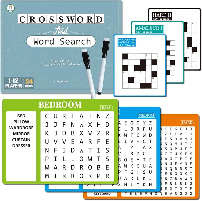 2-in-1 Mindful Puzzles Set with 24 Crossword and 8 Word Search, 1-12 Players, Memory Activities for Seniors with Alzheimer's and Dementia