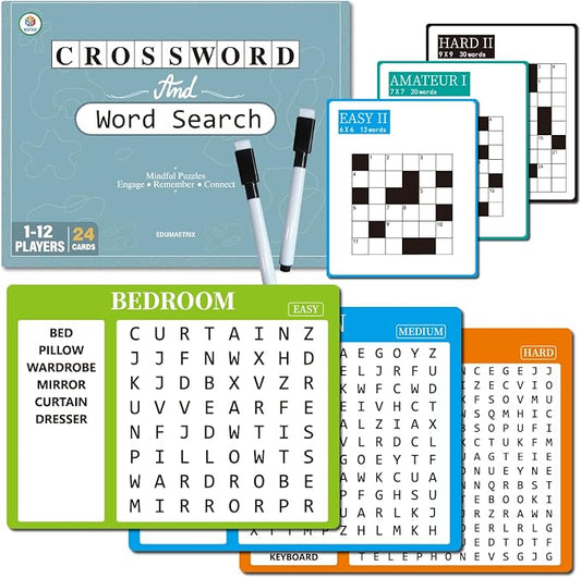 2-in-1 Mindful Puzzles Set with 24 Crossword and 8 Word Search, 1-12 Players, Memory Activities for Seniors with Alzheimer's and Dementia
