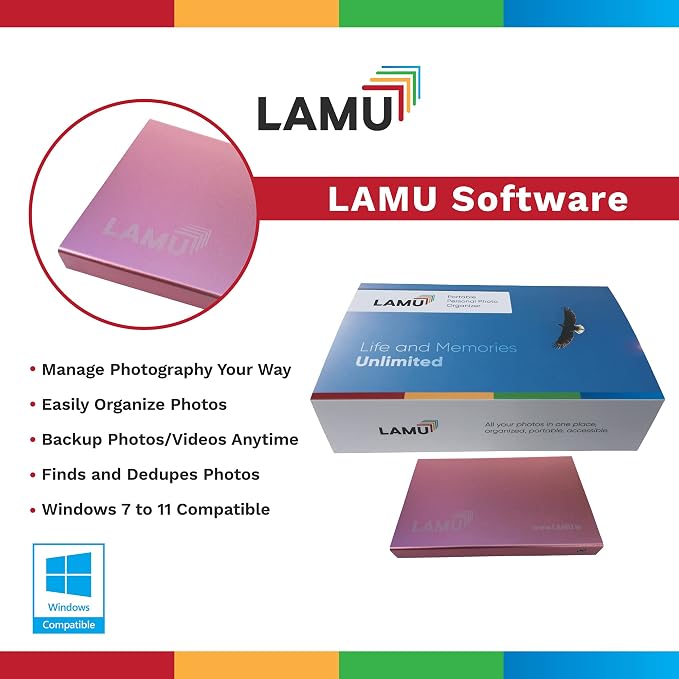 LAMU Portable Digital Photo Organizer - Digital Picture Manager for Windows - Software to Easily Organize Your Photos and Videos - Digital Photo Storage - 2 Terabytes (Rose Gold)