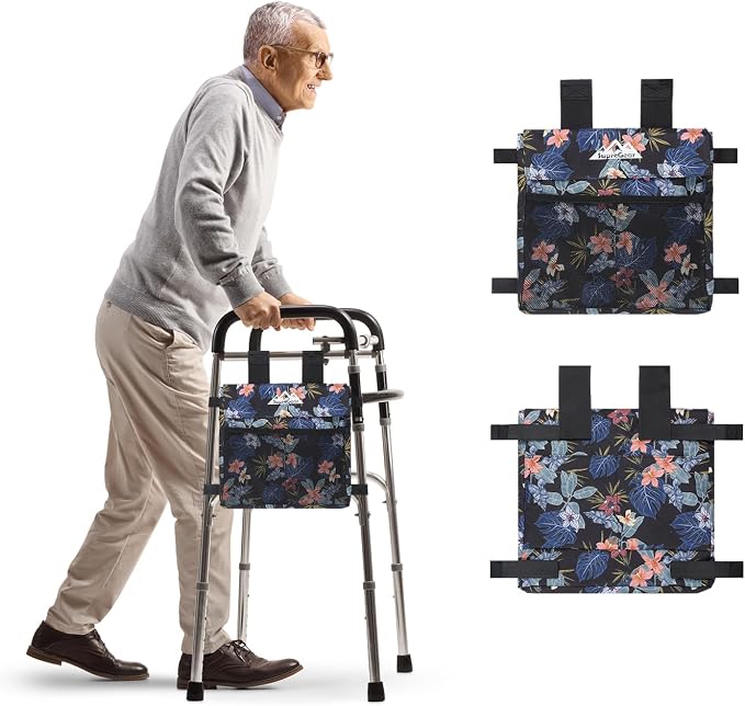 supregear Walker Side Bag, Water Resistant Accessory Basket Pouch for Folding Walkers, Lightweight Hand Free Storage Carrier Tote, Universal Size Seniors Caddy Attachment, Black Botanical Floral