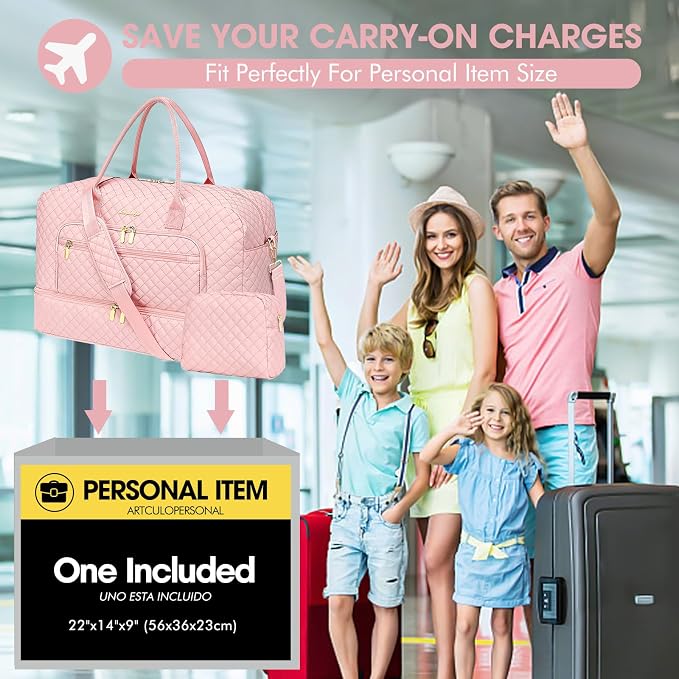 Large Women Travel Duffle Bag - Carry on Overnight Bag Weekend Travel Duffel Tote Bag Yoga Gym Bag with Wet Pocket Toiletry Weekender Overnight Bag for Travel Business Trips Sports Hospital Pink