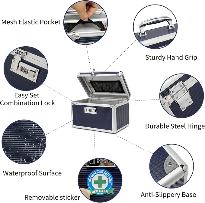 Combination Locking Medication Box with Portable Storage Case, 10.2 x 6.8 x 6.8 Inch, Childproof Medicine Lock Organizer, Lockable Box for Documents & Valuables (Blue/Small)