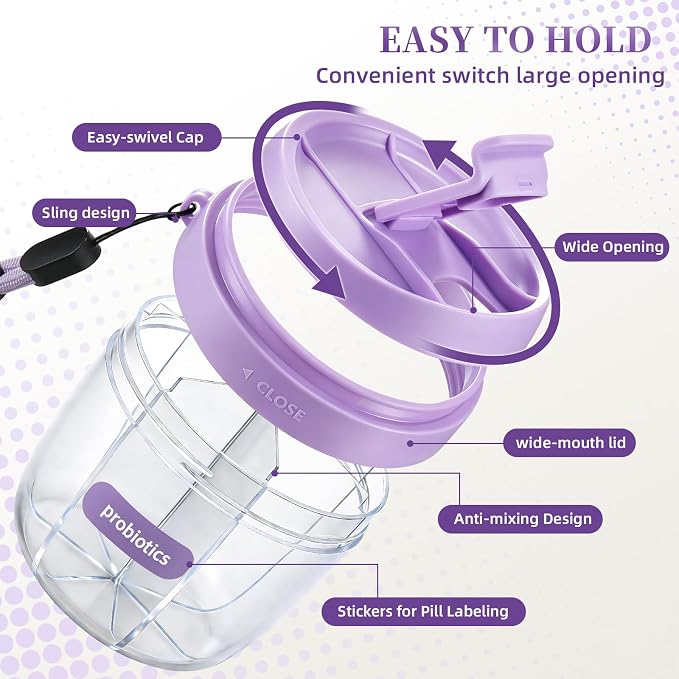 Pill Organizer,Travel Essentials Pill Container, Travel Pill Dispenser with Purple Lid，Pill Case Having 7 Large Compartments,Vitamin Organizer for Home Organization,Travel Containers