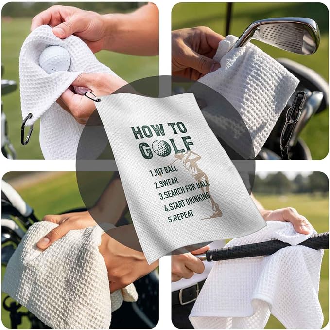 Funny Golf Towel with Clip, How to Golf Themed Golf Bag Accessories for Women, Golf Gifts for Mom Grandma Men, 16x24 Waffle Weave Microfiber, Birthday Christmas Retirement Golfer Gifts