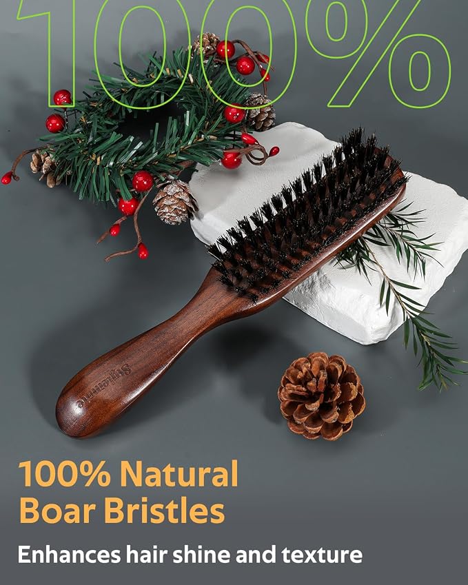 STYLEMATE Boar Bristle Mens Hair Brush | Slick Back Beard Brush with Natural Black Walnut Wooden Handle and Stiff Bristles for Thick & Fine Hair