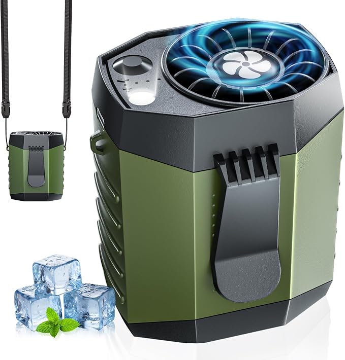 JKBOOM Portable Waist Fan, 9200RPM High Speed Wearable Fan, Mini Rechargeable Personal Fan for Jobsite & Outdoor, 25H Runtime, 25dB Quiet, Belt Fan with LED Flashlight for Men, Green