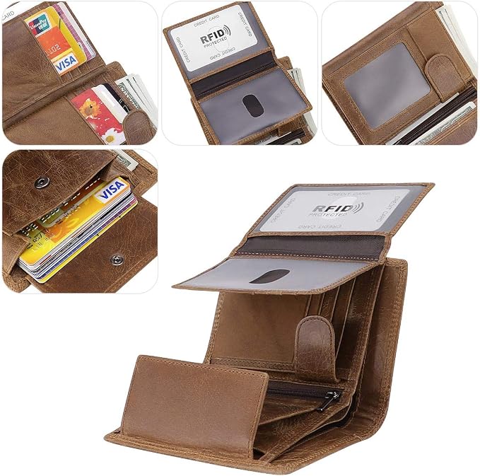 Trifold Billfold RFID Blocking Cowhide Leather Wallet for Men 10 Card Slots 2 ID Windows with Coin Pocket
