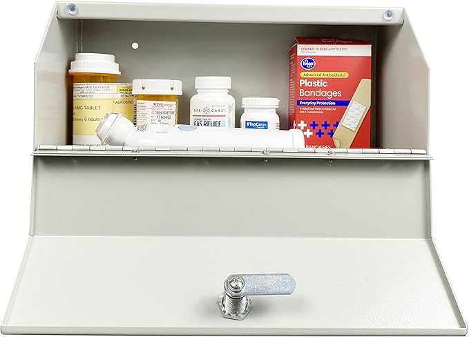Lockable Medicine Storage Cabinet, Wall Mounted Steel Medicine Cabinet with Key Lock for Prescriptions, Vitamins, First Aid Supplies & Medical Storage