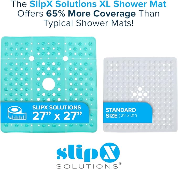 SlipX Solutions 27" Oversize Square Shower Mat, Non-Slip Mat for Elderly & Kids, 100+ Power Grip Suction Cups for Smooth Surfaces, Machine Washable, Transparent Aqua