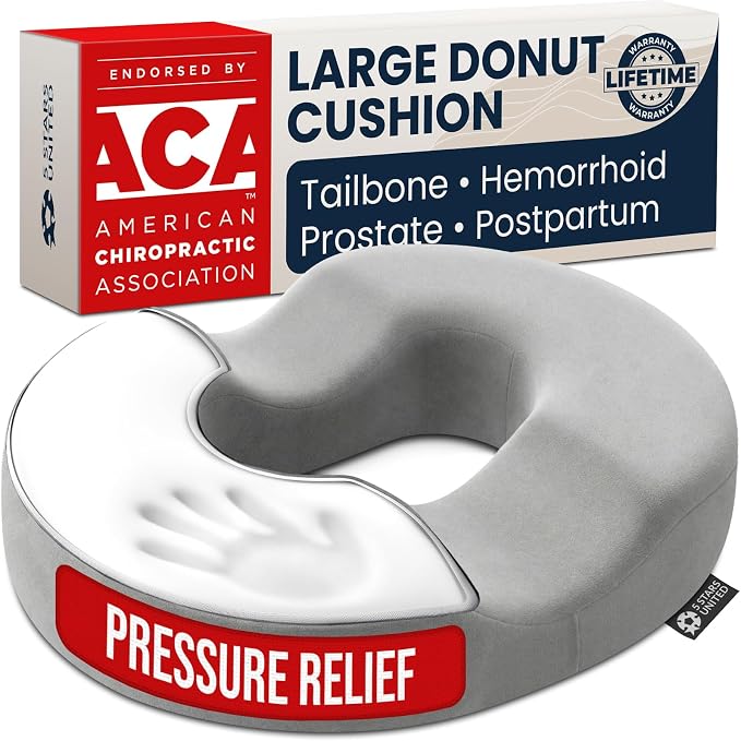 5 STARS UNITED Donut Pillow for Tailbone Pain & Hemorrhoids – Large Memory Foam Seat Cushion for Bed Sore-Prone Areas & Pressure Relief – Prostate, Postpartum & Pregnancy Support, Premium Gray Suede