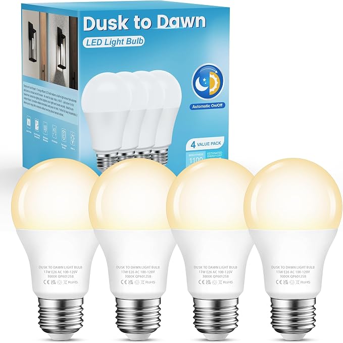 Dusk to Dawn LED Outdoor Light Bulbs, 13W 1100LM(100W Equivalent), A19 Sensor LED Bulb, E26 3000K Soft White Day Night Bulbs, Auto ON/Off, Sensor Lighting for Porch Garage Front Door, 4 Pack