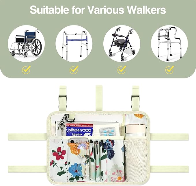 MoKo Walker Bag, Walker Basket with Water Cup Holder, Accessories for Seniors with Multiple Pockets and Zippered Compartment, Storage Pouch for Rolling Folding Walkerm, Beige & Butterfly