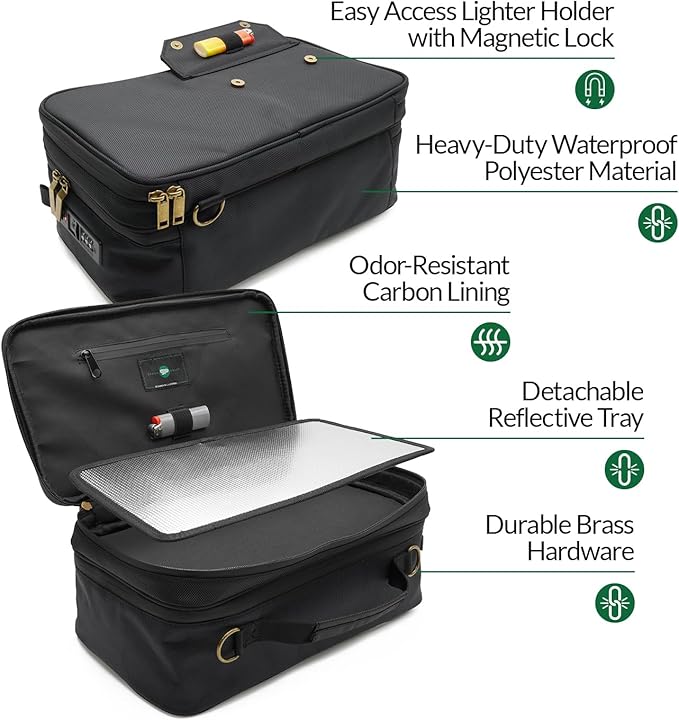 Large Storage Case with TSA Combination Lock Bag, Portable Carbon Lined, XL Medicine Lockable Box for Travel & Home Secured Box Organizer Divider Jars Accessories, Removable Tray (Black)