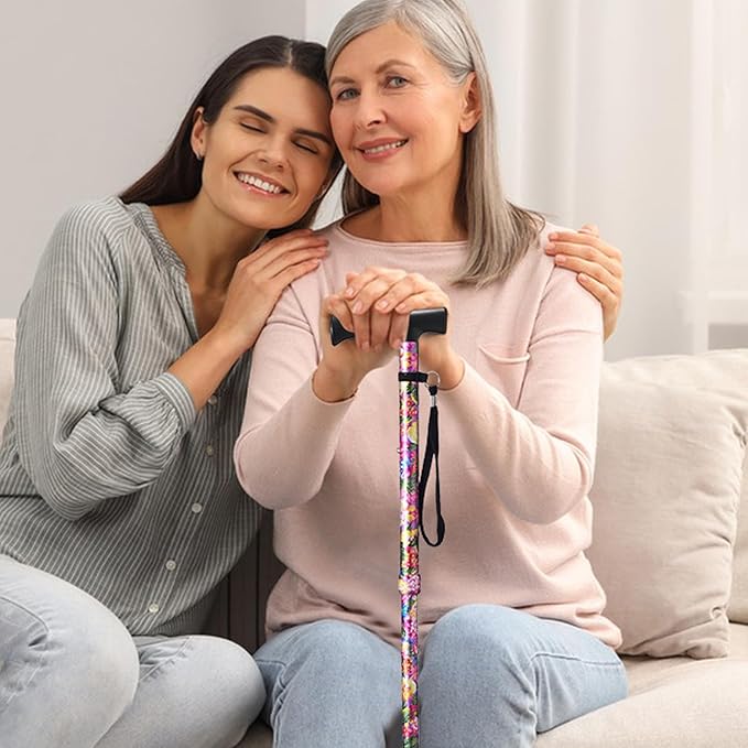 Floral Canes for Women Folding Cane for Stability with Non-Slip Base, Adjustable Walking Cane for Seniors - Lightweight Collapsible Walking Sticks with T & Offset Handle