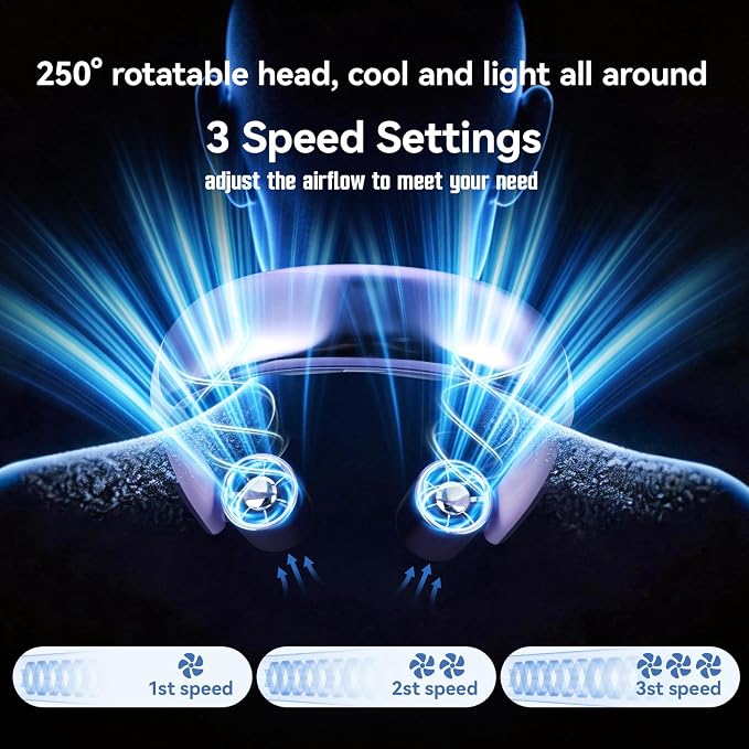 VAVOFO Portable Neck Fan with Book Light, Hands Free Wearable Cooling Fan | 6000mAh Rechargeable, 3 Speeds, 250° Adjustable, Ideal Gift for Reading, Travel, Office, Hiking, Fishing & Sports