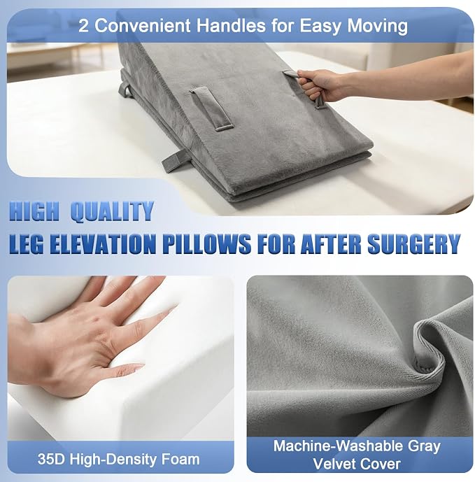 Adjustable Height Leg Elevation Pillows for After Surgery Foam Knee Surgery Pillow with Handles and Velvet Cover Foot Wedge Pillow for Legs Swelling and Blood Circulation