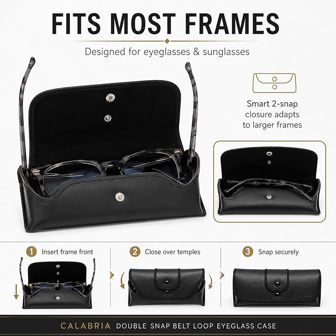 Calabria Double Snap Belt Loop Eyeglass Case PU Leather Black Brown 2Pack Vintage Eye Glasses Pouch SemiHard Sunglass Holder
