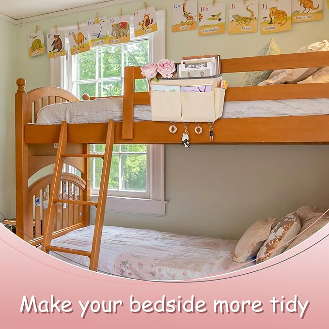 Bedside Caddy Organizer 5 Pockets and 4 Hooks for Bunk Bed Beige | Hanging Storage Bag for Headboards