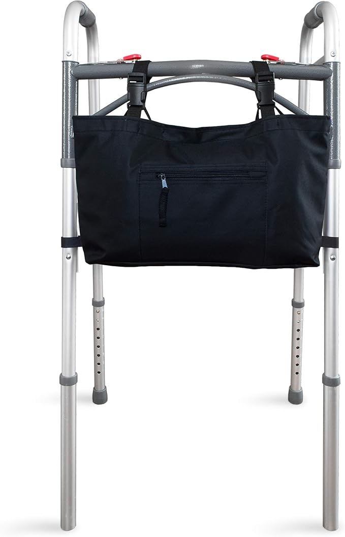 RMS Water Resistant Tote Bag for Walker, Rollator or Scooter (Black) | Walker Bag and Organizer, Carry a phone, wallet and personal items on a walker, rollator or scooter within easy reach
