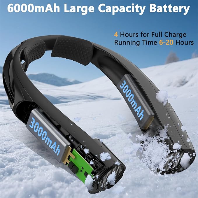 Neck Fan, 6000mAh USB Rechargeable Hands Free Personal Fan, 6 Speeds Adjustable Portable Neck Fans, Faster Cooling Wearable Fan, Ultra Quiet for Outdoor, Travel, Home, Office - Black