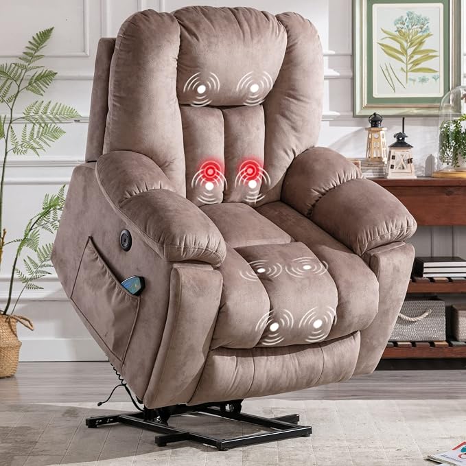 Power Lift Recliner Chair with Massage and Heat for Elderly, Overstuffed Wide Recliners, Heavy Duty and Safety Motion Reclining Mechanism with USB Ports, 2 Concealed Cup Holders, Apricot