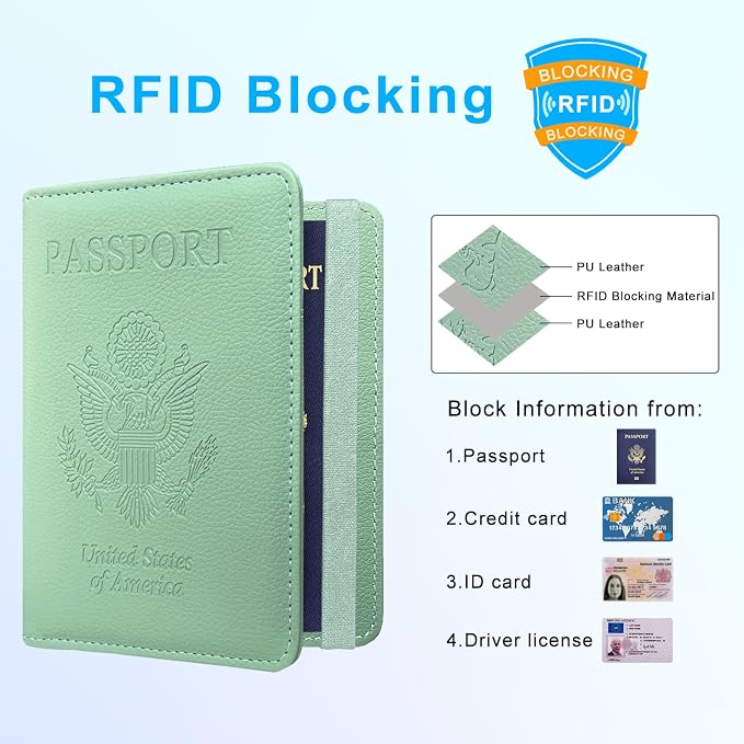 ACdream Passport Holder Cover, Leather Travel Wallet Case, RFID Blocking Document Organizer Protecrtor, with Slots for Credit Cards, Boarding Pass, for Women and Men, Agave Green