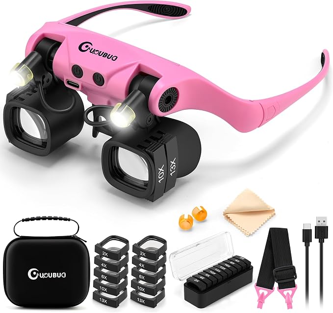 Rechargeable Magnifying Glass with Light 2X-23X,5 Pairs Lens Combos | Single Eye Observation,w/Storage Case, Switchable Headband Magnifier,Lightweight Handsfree for Close Work Watch Repair Crafts