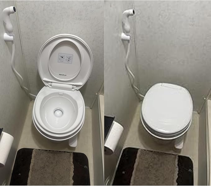 SEAFLO RV Toilet with Sprayer Attachment - White, 18.4” Residential Height, Gravity Flush Foot Pedal Camper Toilet Soft Close Seat Elongated Bowl Motorhome, 4-Year Warranty, SFRTPH-01-02
