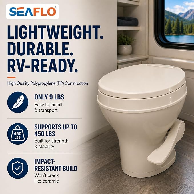 SEAFLO Bone RV Toilet, Residential Height 18.4", Gravity Flush Foot Pedal, Soft Close Seat, Camper Toilet for RV Motorhome Travel Trailer, Parchment, SFRTPH-02-01, 4-Year Warranty