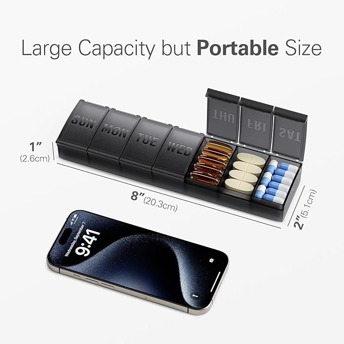 Barhon Pill Organizer Large, Weekly Medicine Pill Organizers, 7 Day Pills Box Case Travel for Big Vitamin Supplements Fish Oil, Black