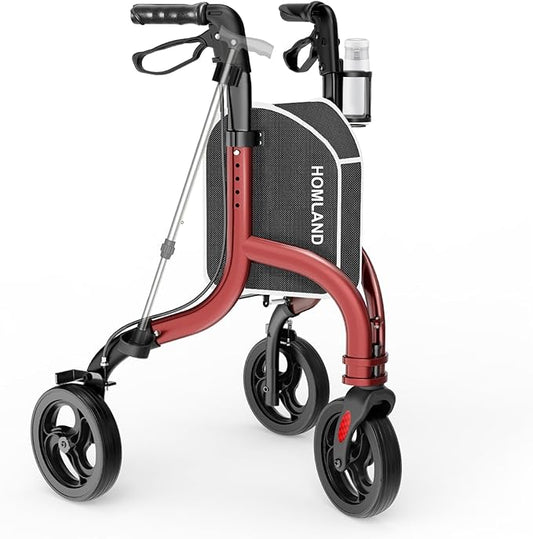 3 Wheel Walkers for Seniors, Foldable Wheeled Rollator with Cane Hold and Cup Hold, Lightweight Three Wheel Rolling Walker Height Adjustable for Seniors,Burgundy