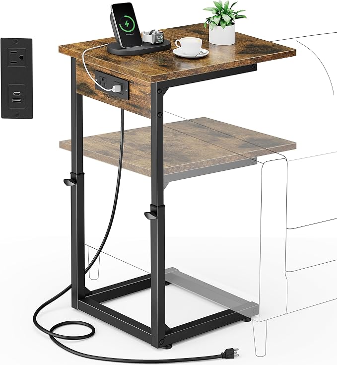 C Shaped End Table with Charging Station, 33"Tall Side Table for Couch, C-Table End Table Adjustable Height Side Table,Slide Under Couch Table TV Tray Table for Sofa,Living Room,Bedroom,Brown